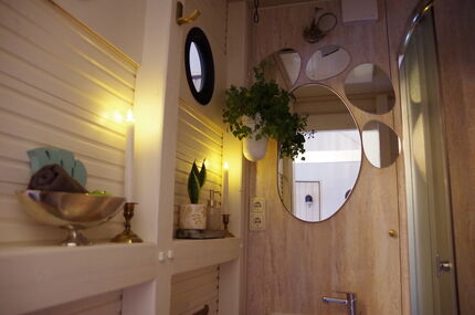Ein Bad mit vielen Spiegeln, Pflanzen, einer Dusche und einer Lampe